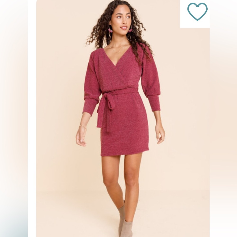 FRANCESCA’s MI AMI DEEP V NECK MINI SWEATER DRESS WITH TIE BURGUNDY RED SIZE S